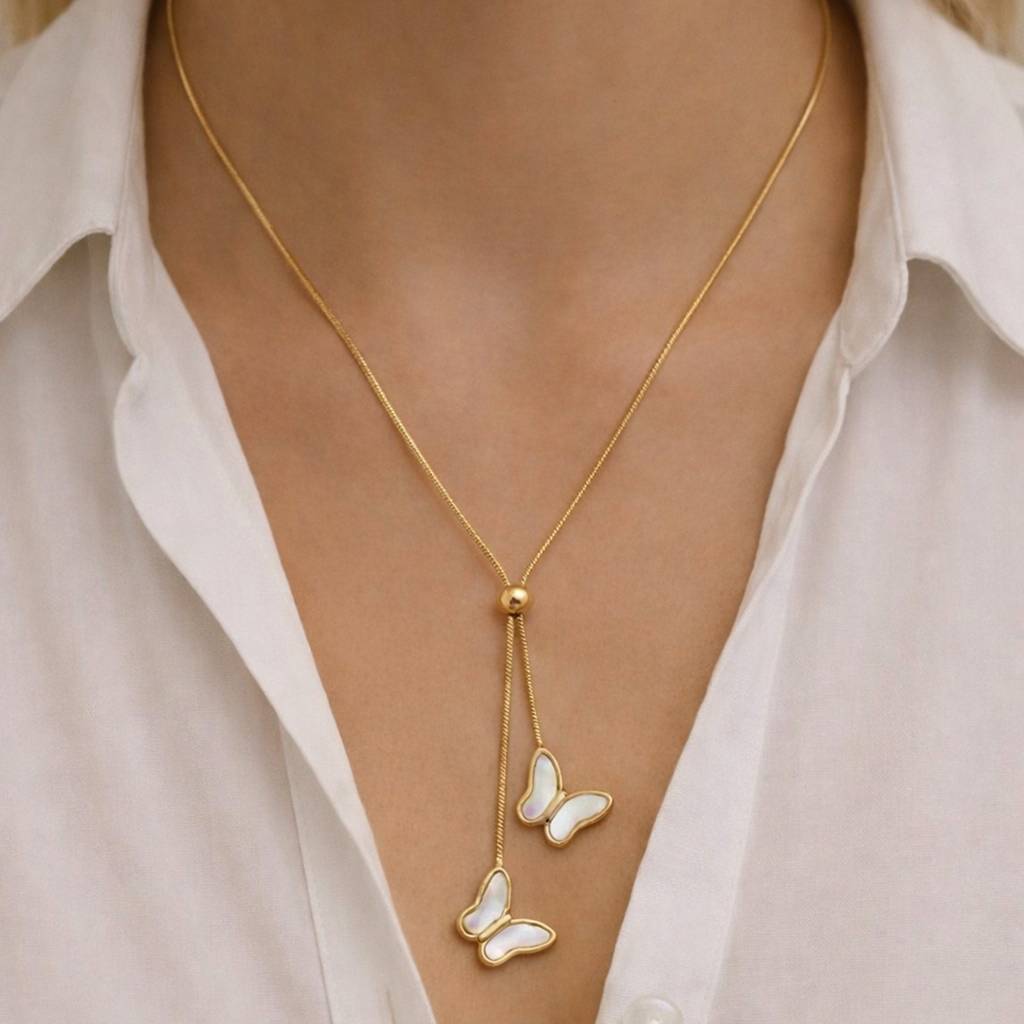 Gold-Plated Elegant Butterfly Duo Lariat Anti-Tarnish Pendant Necklace : HSPS60MB1588