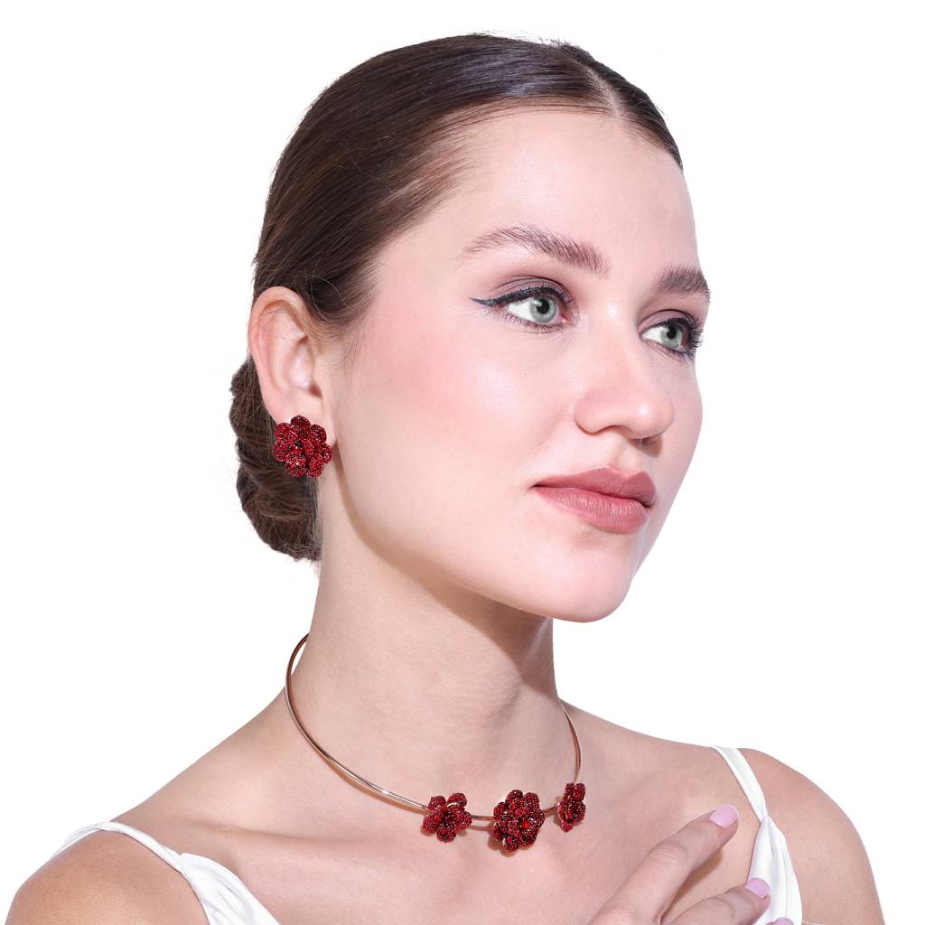 Dazzling Lightweight Ruby Red American Diamond Rose Motif Necklace Set With Premium Rosegold Finish : AD-814-RGRBNKER