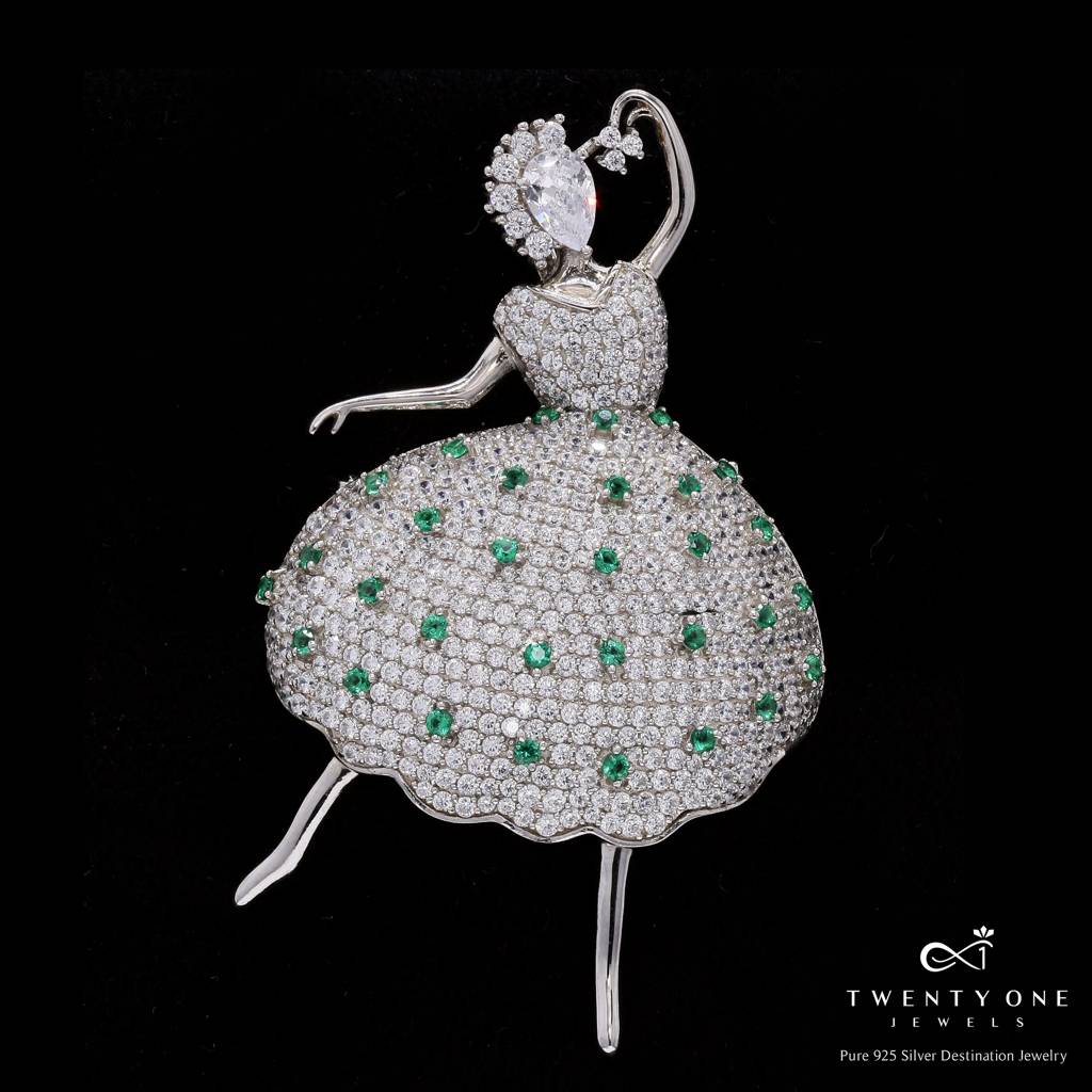 Ultra Premium American Diamond Micro Setting Dancing Doll Brooch In A Dress With Emerald Detailing On Pure 925 Silver : TBR7107