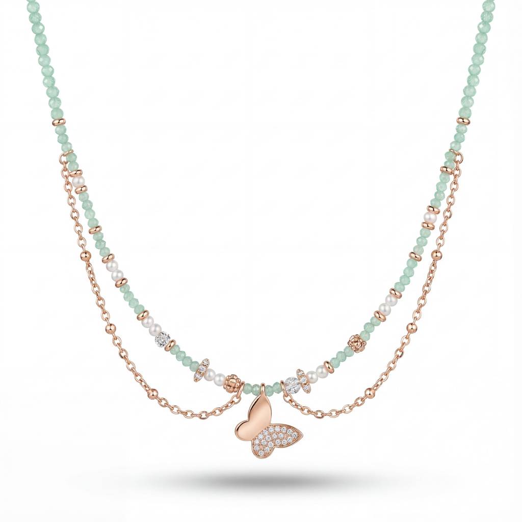 Korean Sage Green & Pearl Butterfly Layered Necklace : YUFSNL246