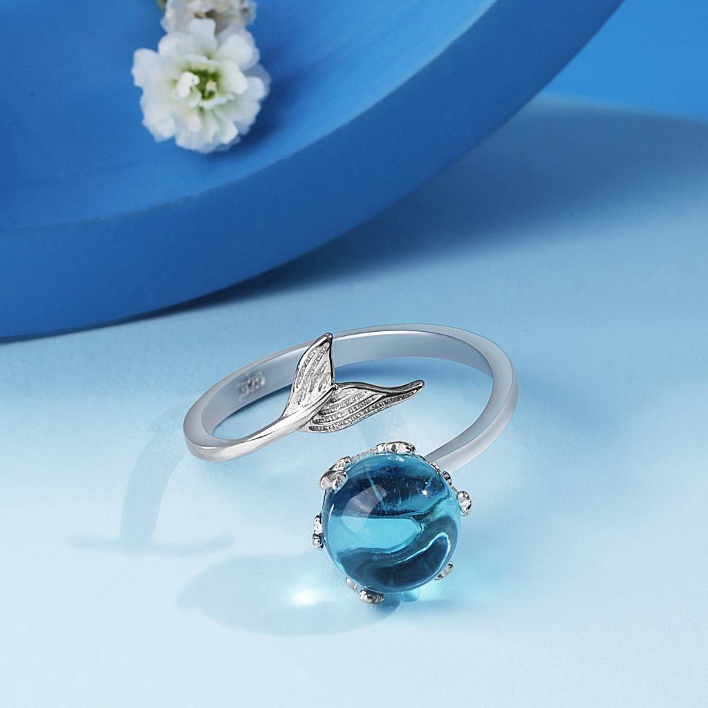 925 Silver Blue Crystal Mermaid Stone Ring | Ocean-Inspired 925 Silver Ring For Women | Dazzling Blue Gem Ring : S-R-RNP-028