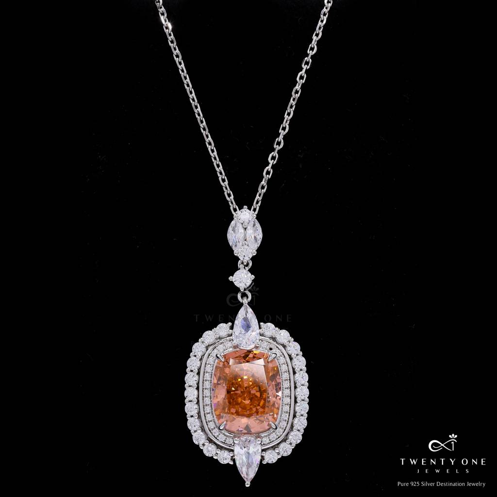 Ultra Premium Orange Citrine And American Diamond Studded Chunky Finesse Pendant With Chain On Pure 925 Silver : TP5337