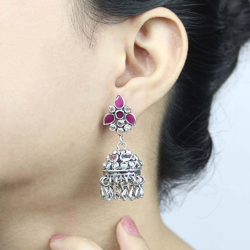 925 Pure Silver Ethnic Long Jhumki | Antique Style Drops Earrings : TWP1074