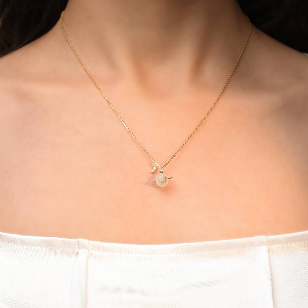 925 Silver Gold-Plated Stellar Saturn Moonstone Glow Pendant For Women : S-P-G-041