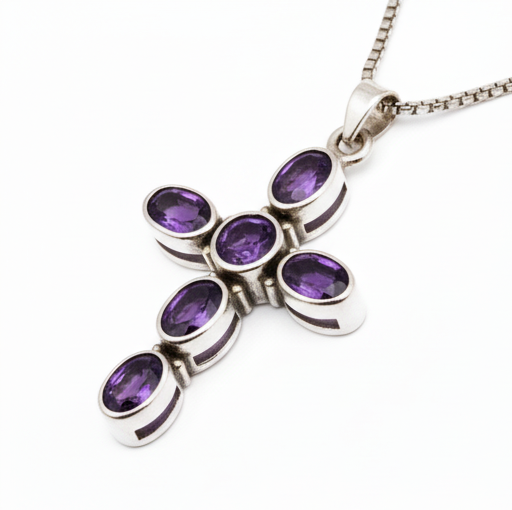 Pure 925 Silver Cross Amethyst Pendant For Men & Women : SP-02