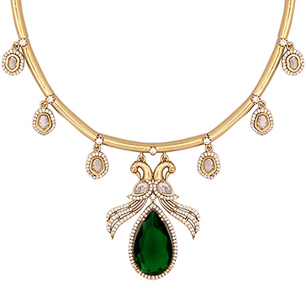 18K Gold Plated Pear Drop Emerald Edge Necklace Set : YI24A0480N