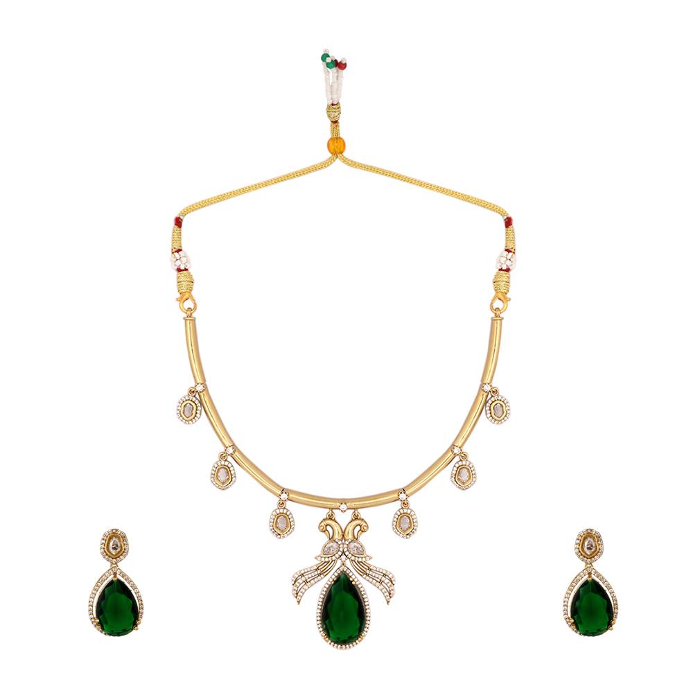 18K Gold Plated Pear Drop Emerald Edge Necklace Set : YI24A0480N