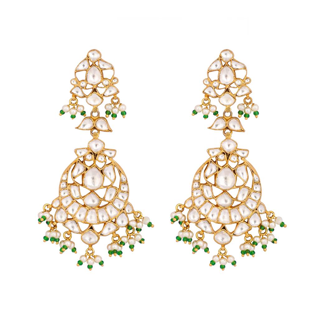 22K Gold Plated Chandbali Stone Drop Kundan Earrings : YI24A0329E