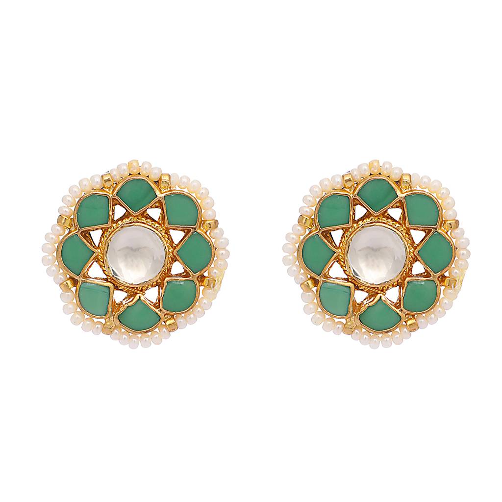 22K Gold Plated Green Kundan Pearl Studs : YI24A0330E