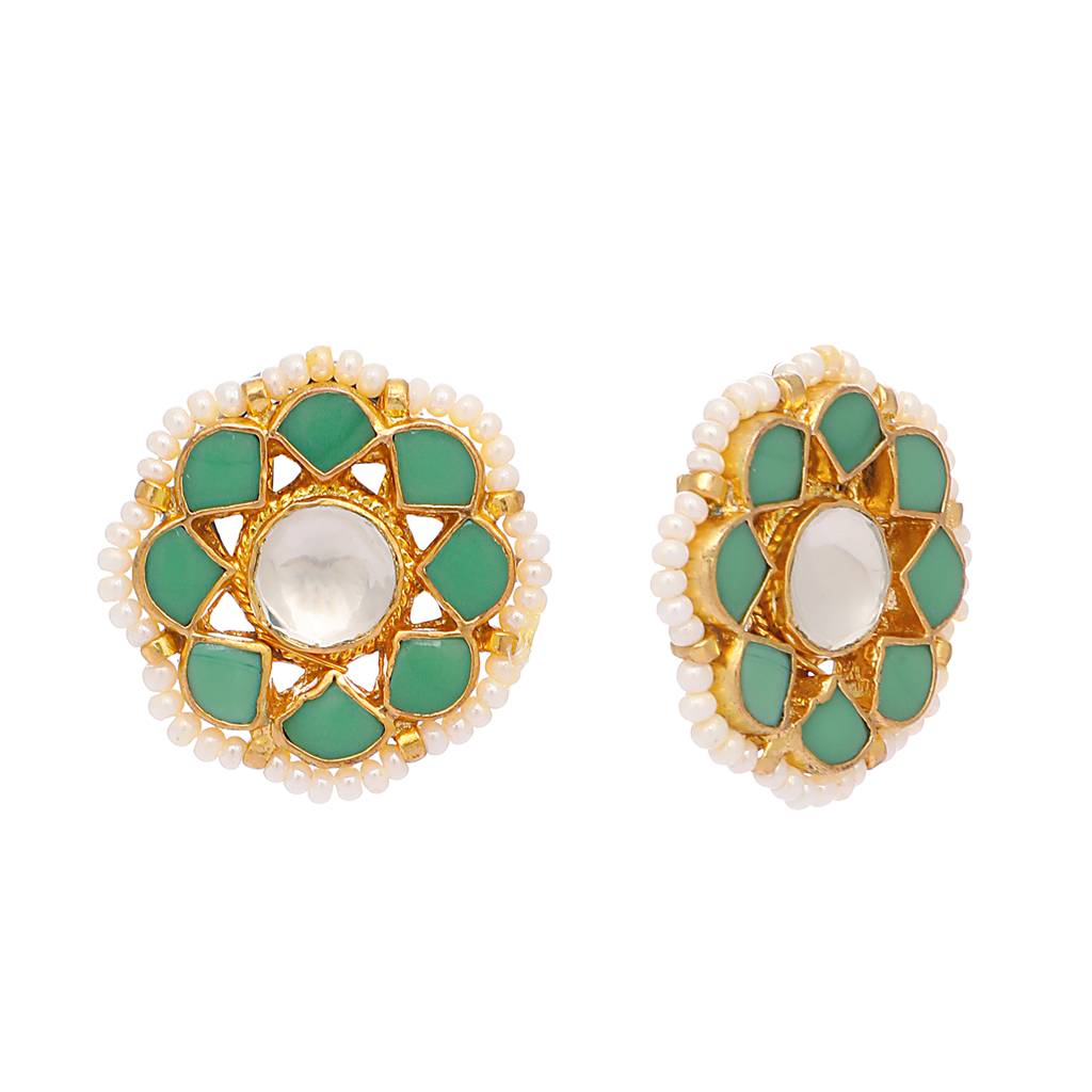 22K Gold Plated Green Kundan Pearl Studs : YI24A0330E