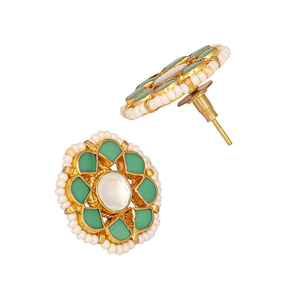22K Gold Plated Green Kundan Pearl Studs : YI24A0330E
