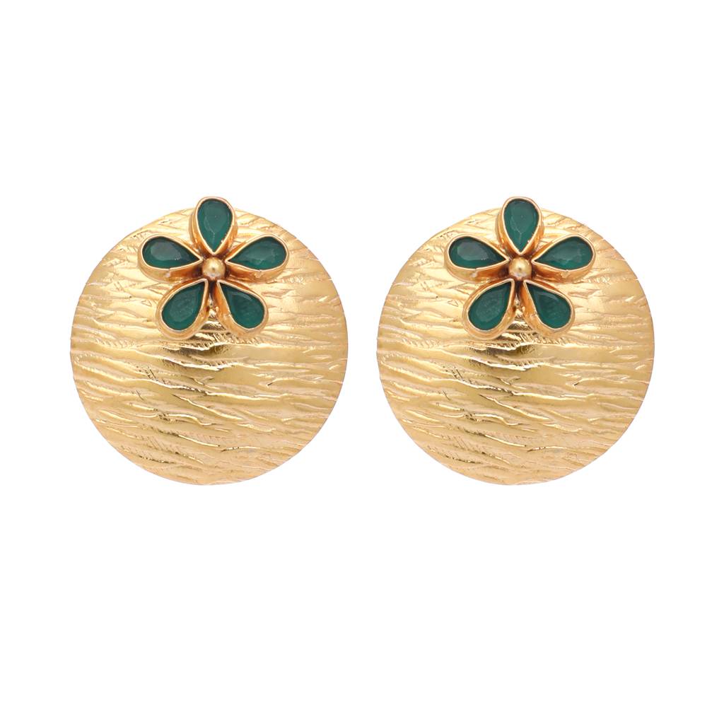 22K Gold-Plated Flower Motif Studs With Green Stones : YI24A0344E