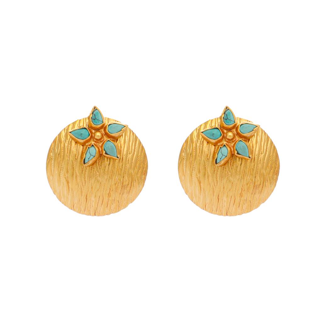 22K Gold-Plated Flower Motif Studs With Turquoise Stones : YI24A0345E