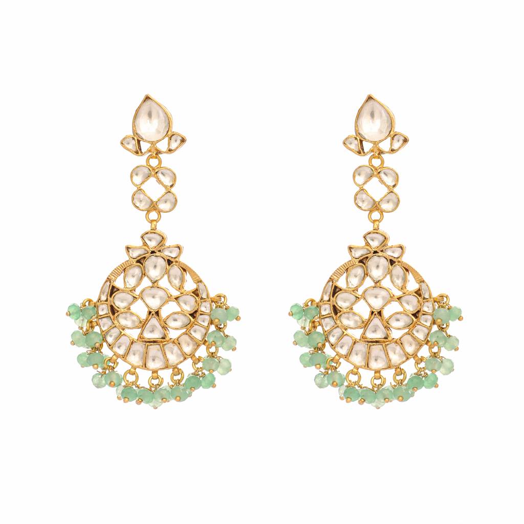 22K Gold Plated Regal Green Kundan Chandbali Earrings : YI24A0325E