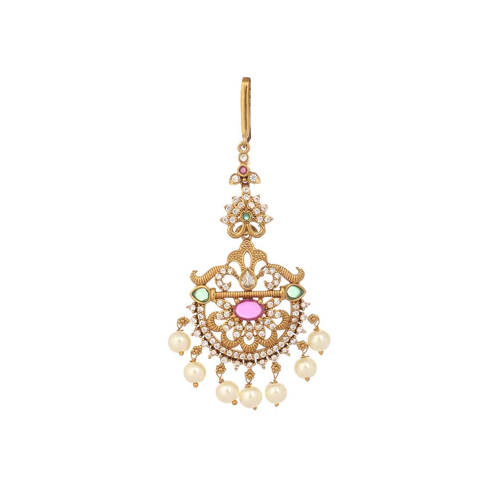 18K Gold Plated Ethereal Gulabi Stone Maang Tikka : YI24A0485H