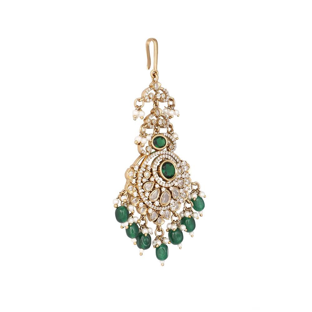 18K Gold Plated Ethereal Green Stone Maang Tikka : YI24A0483H
