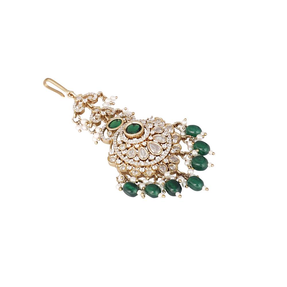 18K Gold Plated Ethereal Green Stone Maang Tikka : YI24A0483H