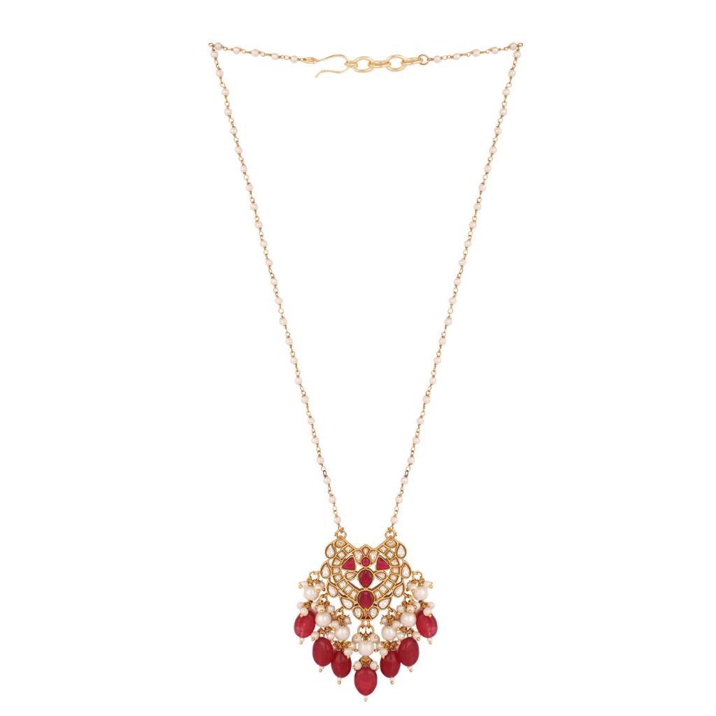 22K Gold Plated Arc Kundan Ruby Drops Necklace : YI24A0529N