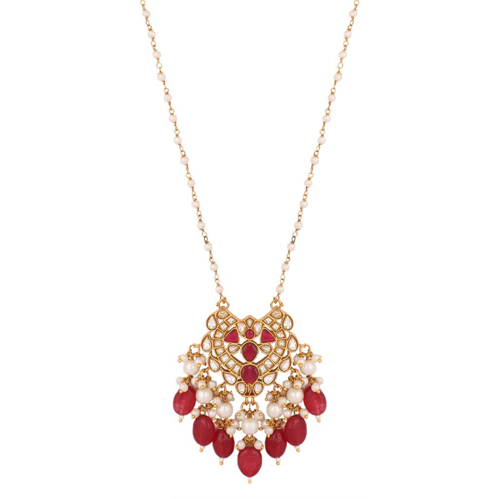 22K Gold Plated Arc Kundan Ruby Drops Necklace : YI24A0529N