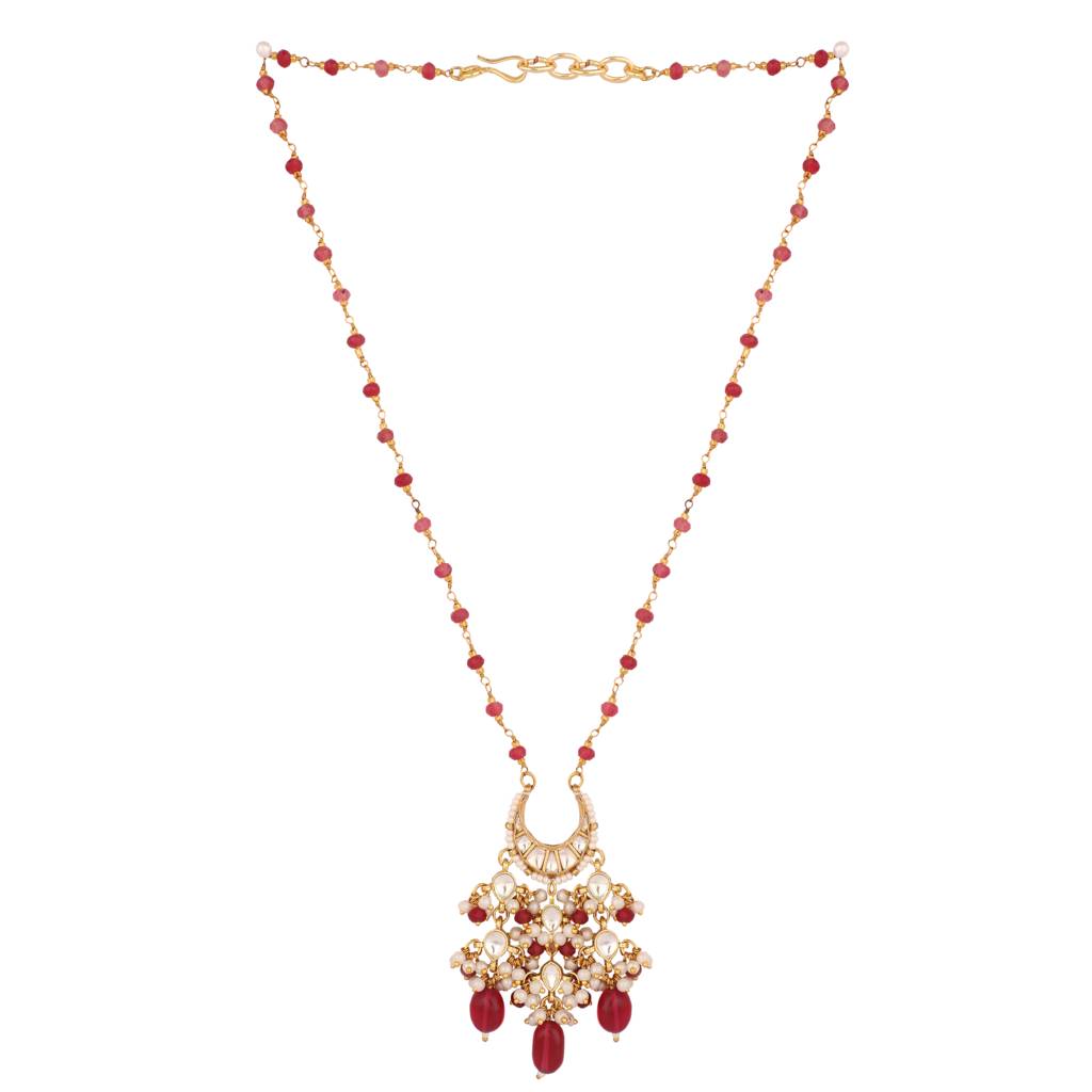 22K Gold Plated Crescent Kundan Ruby Drops Necklace : YI24A0530N