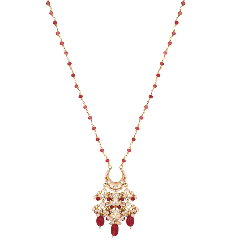 22K Gold Plated Crescent Kundan Ruby Drops Necklace : YI24A0530N
