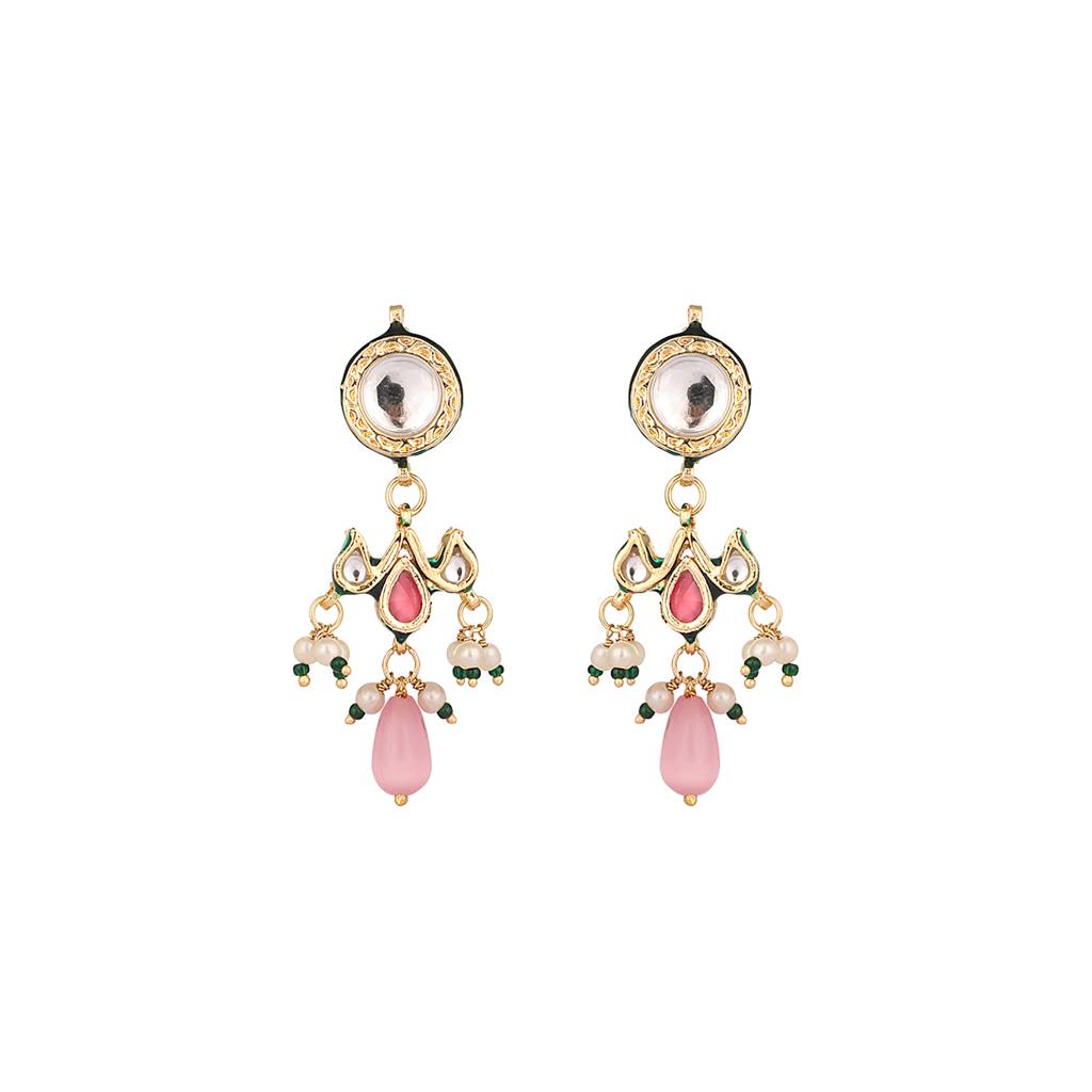 22K Gold Plated Pearl Empress Flora Pink Stone Drops Necklace Set : YI24A0445N