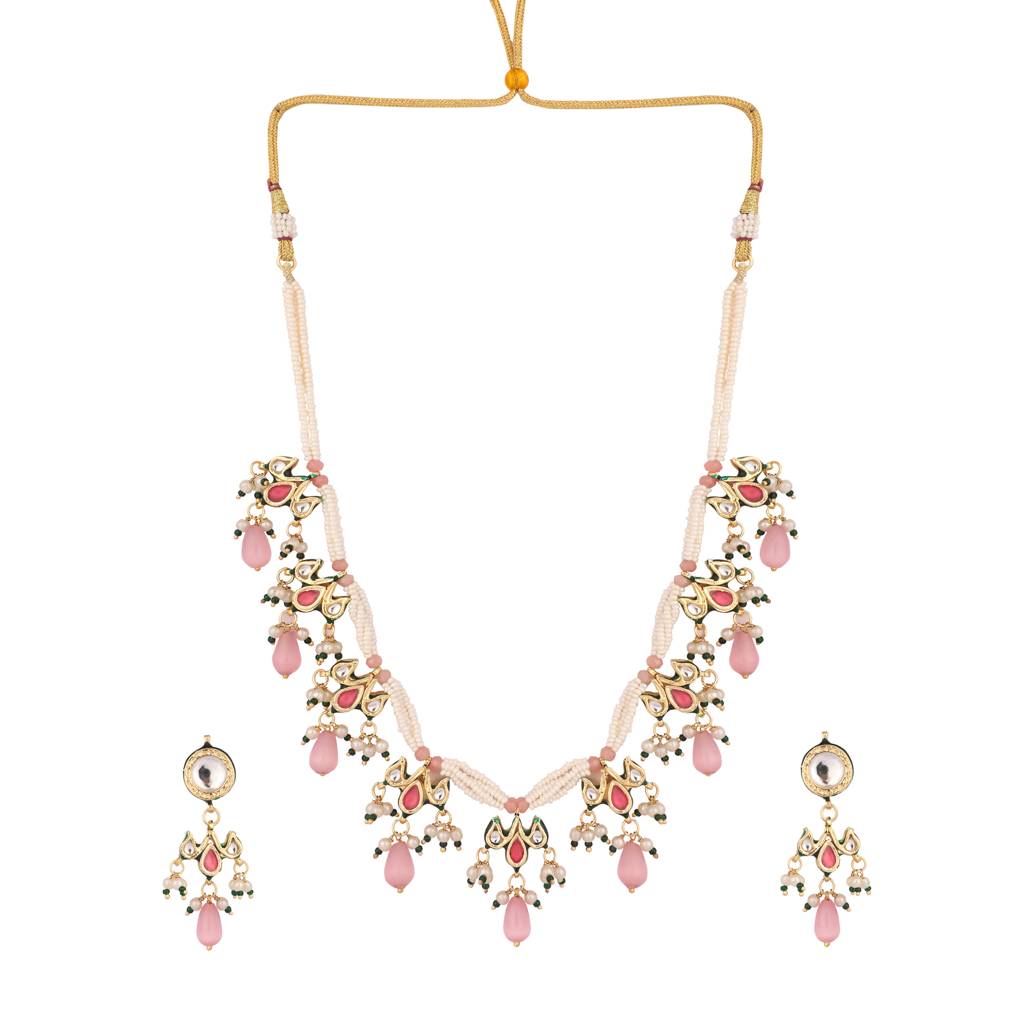 22K Gold Plated Pearl Empress Flora Pink Stone Drops Necklace Set : YI24A0445N