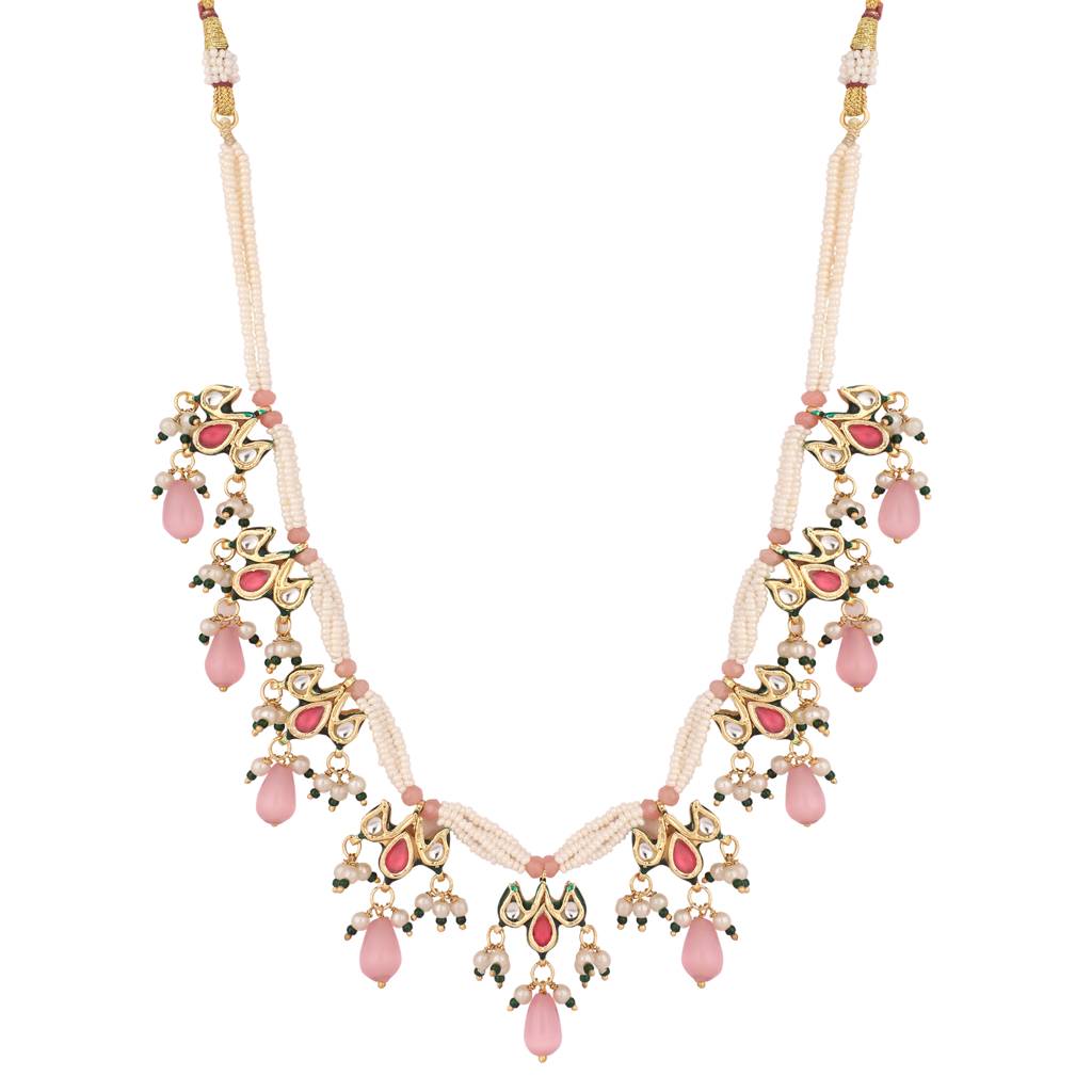 22K Gold Plated Pearl Empress Flora Pink Stone Drops Necklace Set : YI24A0445N