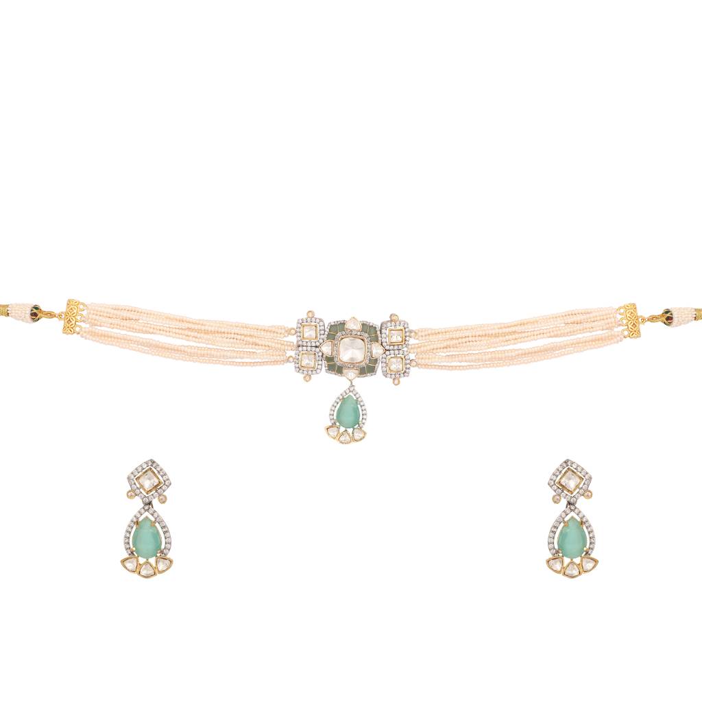 22K Gold Plated Mystic Pearl Charm Choker Necklace Set : YI24A0526N