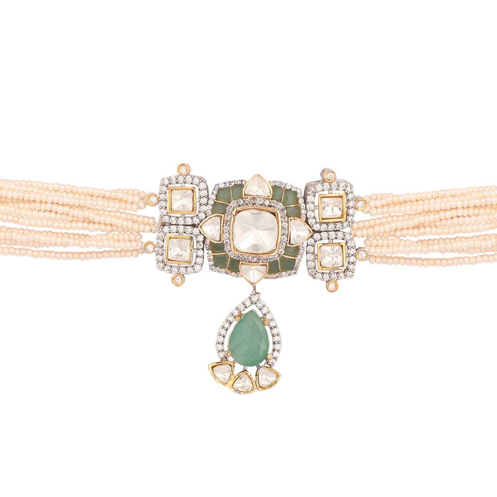 22K Gold Plated Mystic Pearl Charm Choker Necklace Set : YI24A0526N