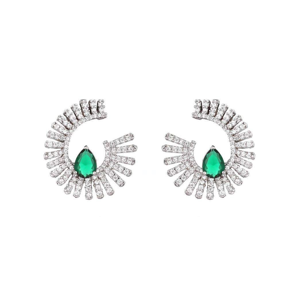 Rhodium Plated Celestial Emerald Spark Stud Earrings : YI24A0523E