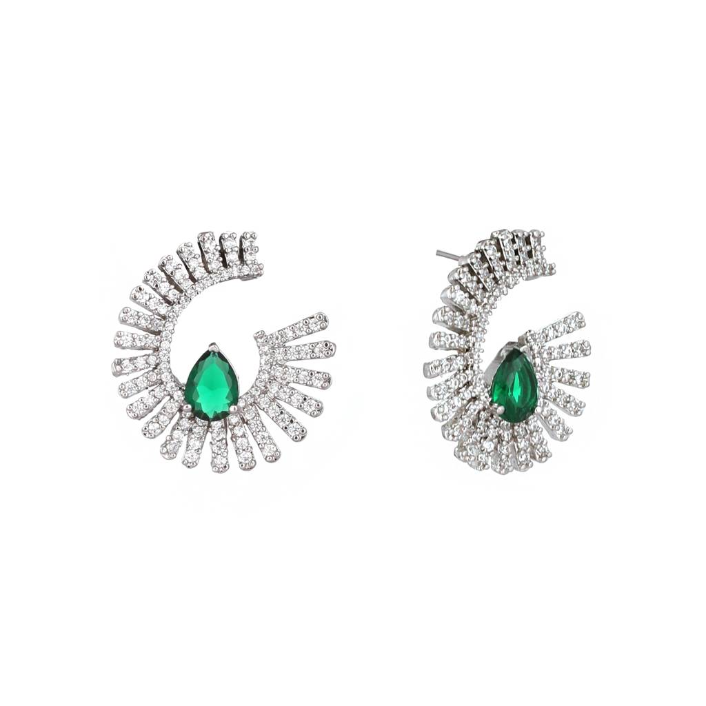 Rhodium Plated Celestial Emerald Spark Stud Earrings : YI24A0523E