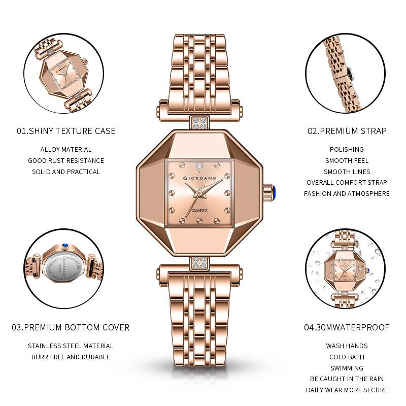 Giordano Dress Watch For Women Â Rose Gold Finish, Diamond Accented Octagonal Dial & Stainless Steel Strap-Gz- : GZ-60096-22