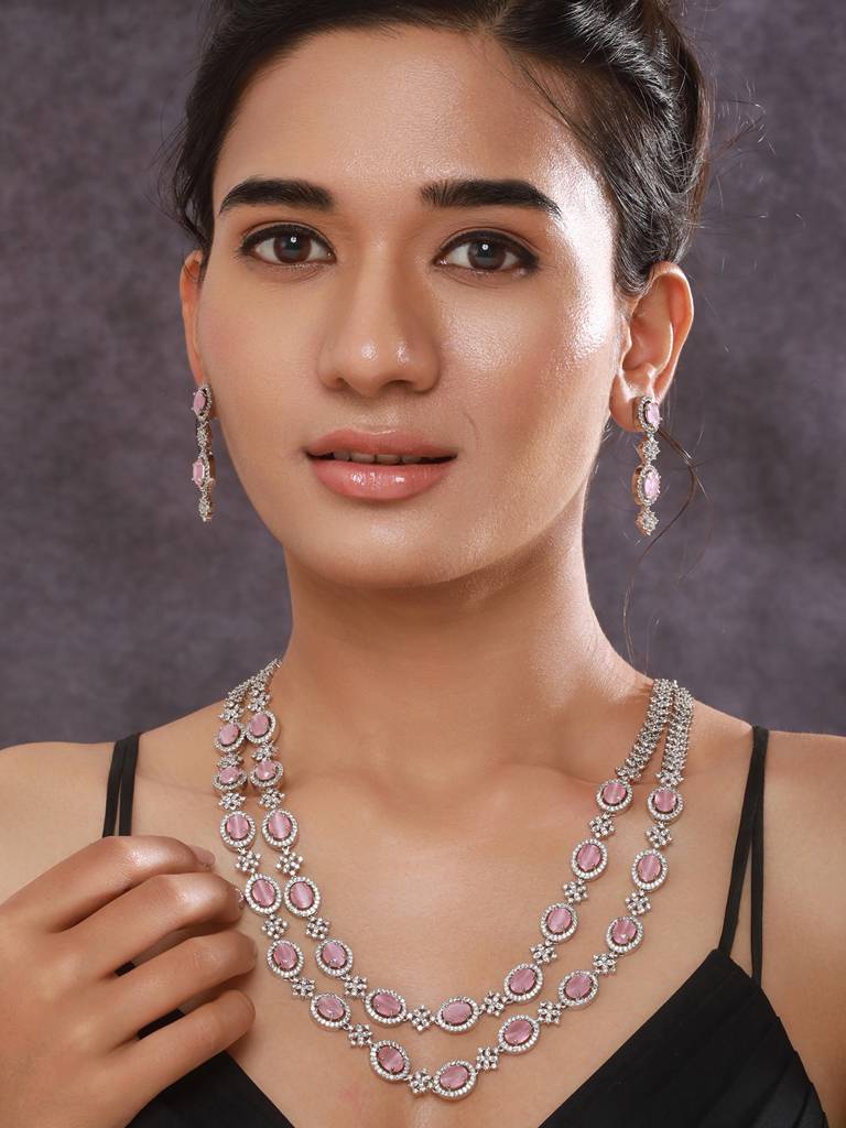 Rhodium-Plated American Diamonds Studded Layered Jewellery Set : NL-JS24-40400