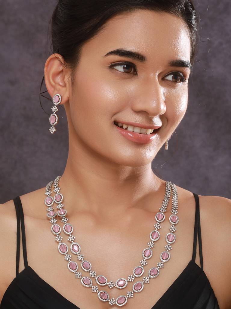 Rhodium-Plated American Diamonds Studded Layered Jewellery Set : NL-JS24-40400