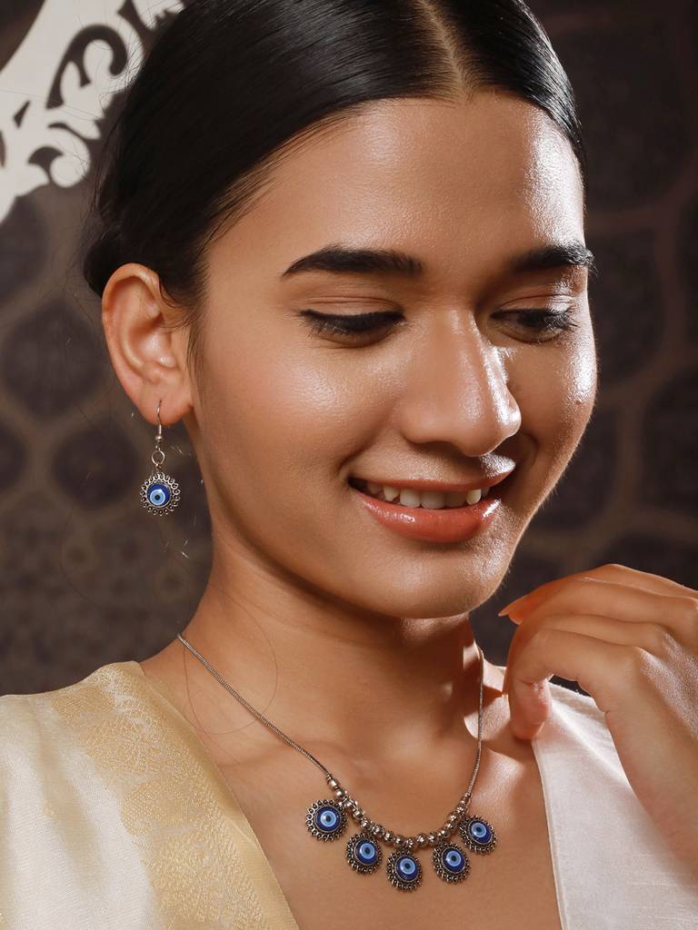 Silver-Plated Oxidised Eveil Eye Necklace & Earrings : NL-JS24-40406