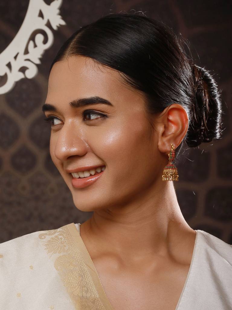24Ct Gold-Plated Stone Studded & Beaded Peacock Shaped Jhumkas : EAR-JS24-30316