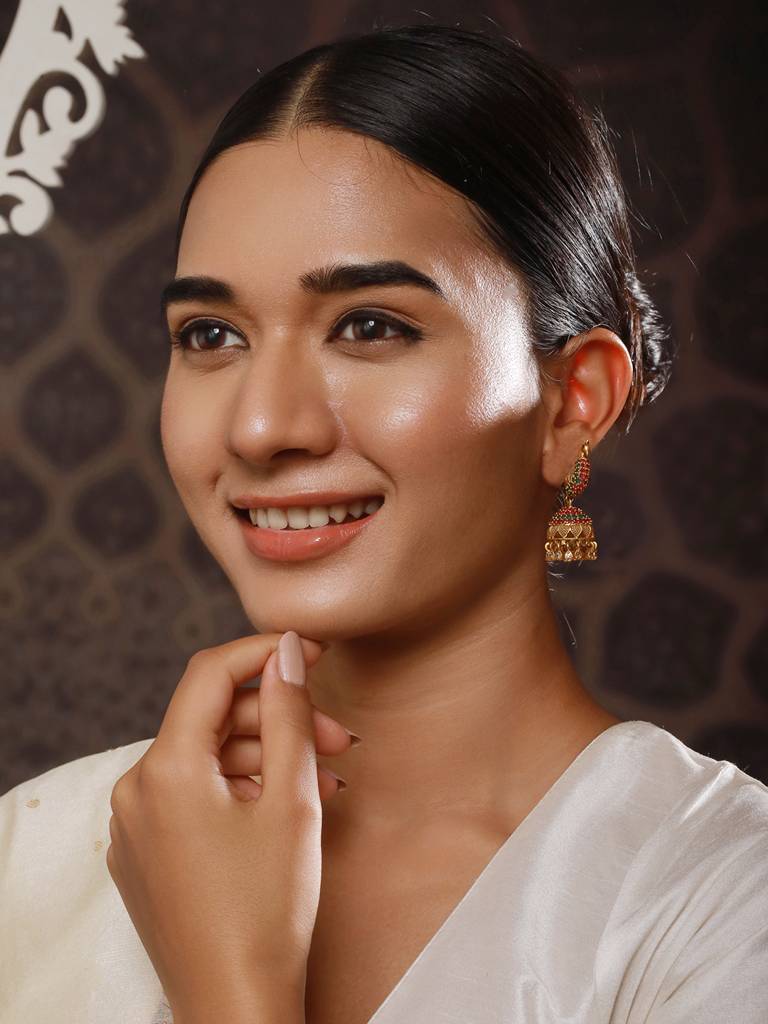 24Ct Gold-Plated Stone Studded & Beaded Peacock Shaped Jhumkas : EAR-JS24-30316