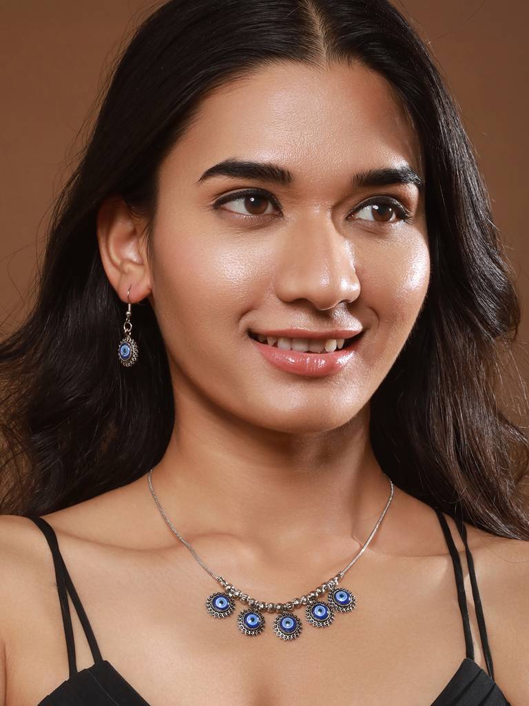 Silver-Plated Oxidised Eveil Eye Necklace & Earrings : NL-JS24-40406