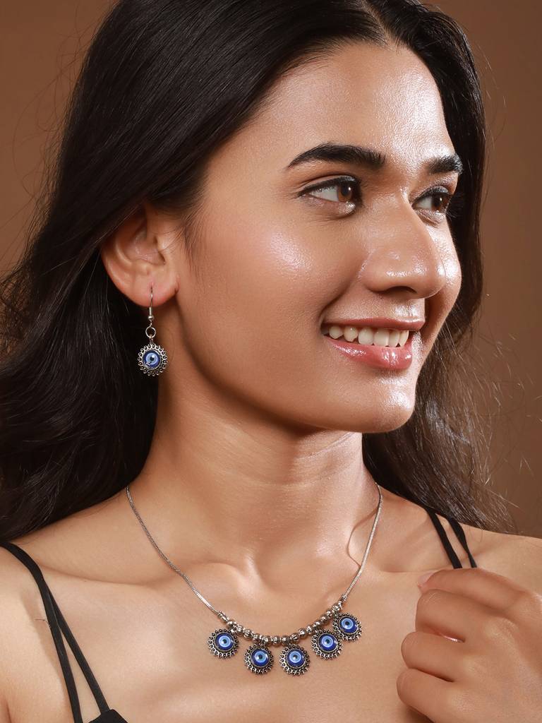 Silver-Plated Oxidised Eveil Eye Necklace & Earrings : NL-JS24-40406