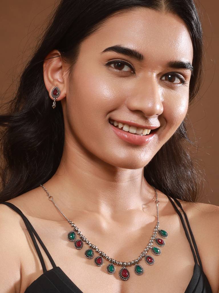 Oxidized Silver-Plated Green & Red Artificial Stone-Studded Handcrafted Jewellery Set : NL-JS24-40407