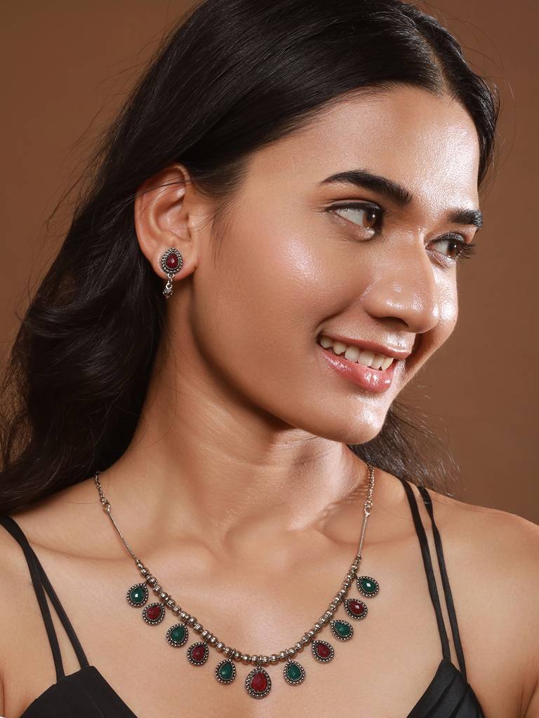 Oxidized Silver-Plated Green & Red Artificial Stone-Studded Handcrafted Jewellery Set : NL-JS24-40407