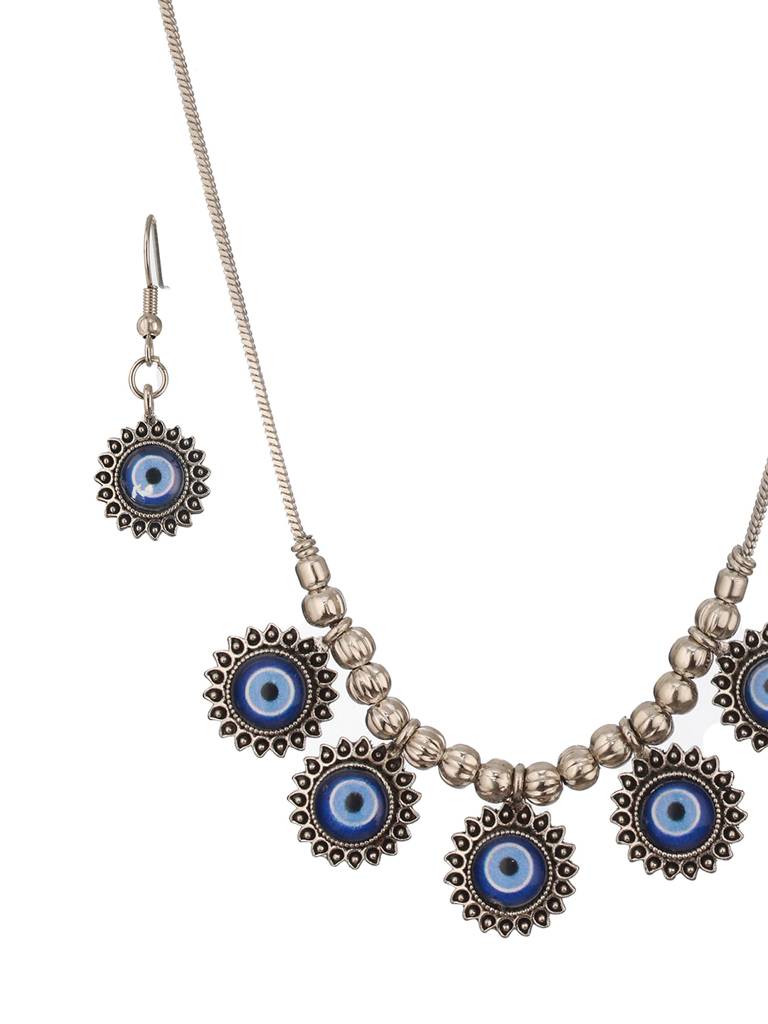 Silver-Plated Oxidised Eveil Eye Necklace & Earrings : NL-JS24-40406