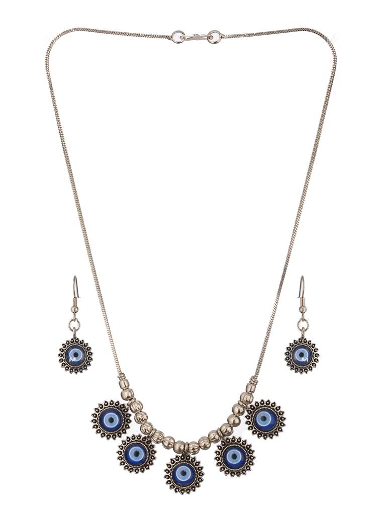 Silver-Plated Oxidised Eveil Eye Necklace & Earrings : NL-JS24-40406