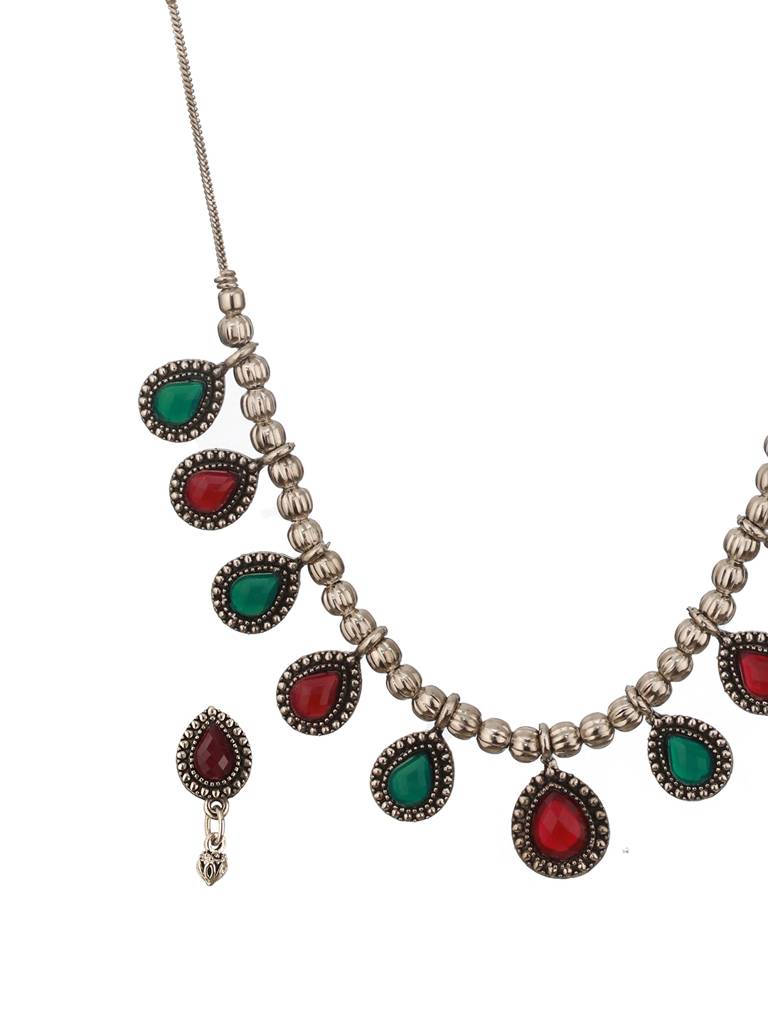 Oxidized Silver-Plated Green & Red Artificial Stone-Studded Handcrafted Jewellery Set : NL-JS24-40407