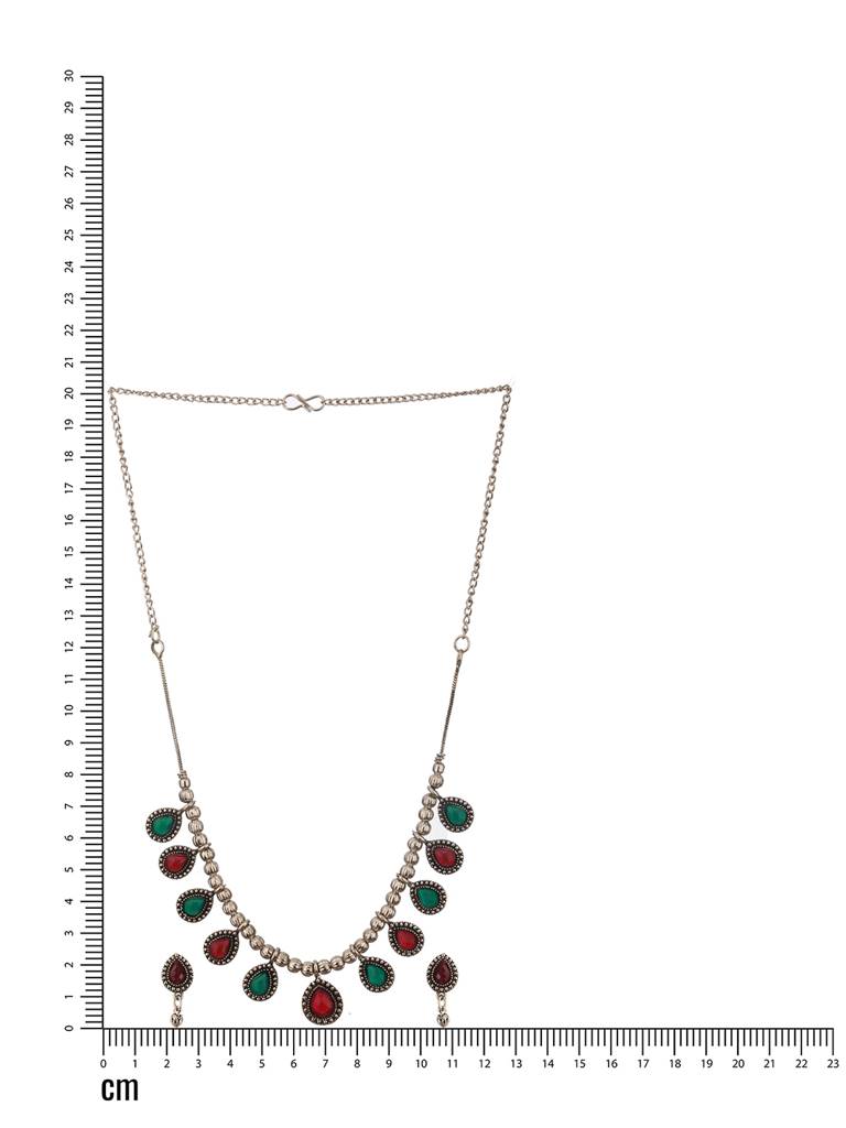 Oxidized Silver-Plated Green & Red Artificial Stone-Studded Handcrafted Jewellery Set : NL-JS24-40407