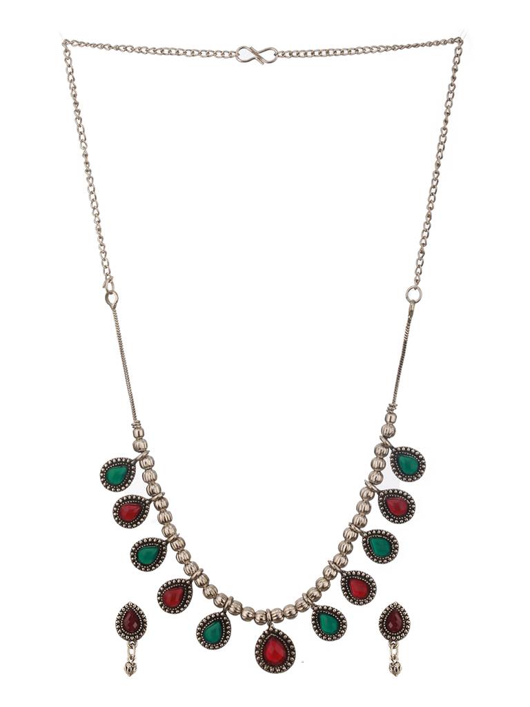 Oxidized Silver-Plated Green & Red Artificial Stone-Studded Handcrafted Jewellery Set : NL-JS24-40407