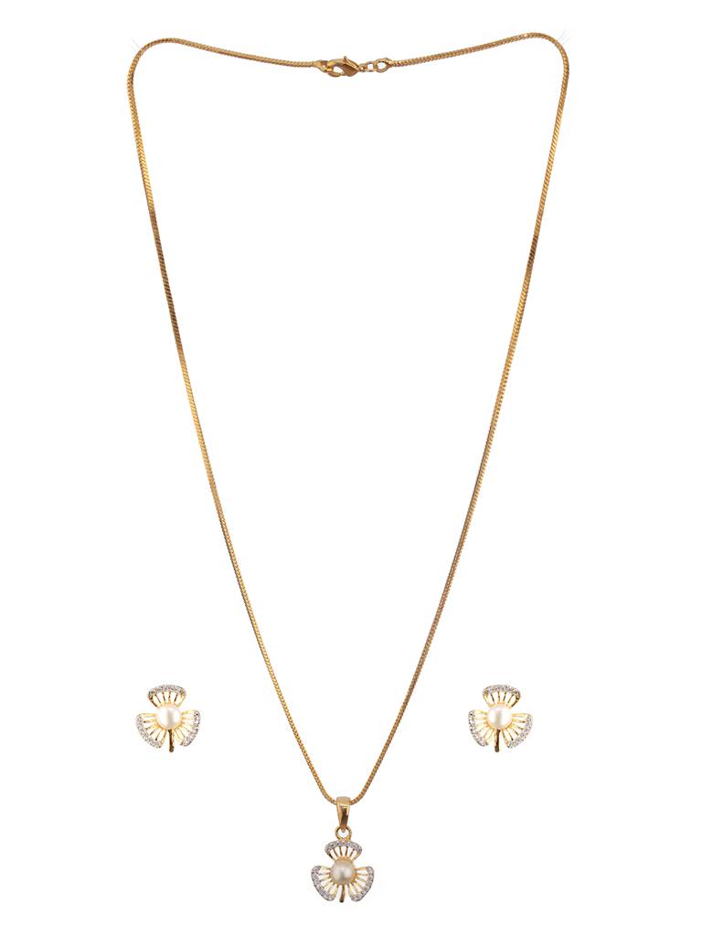 Gold Plated Ad Studded Pendant With Earrings And Chain : NL-JS24-40401