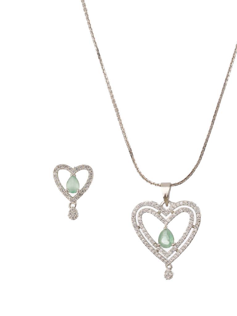 Rhodium-Plated Green Ad Stone Studded Heart Shaped Pendant With Earrings And Chain : NL-JS24-40398