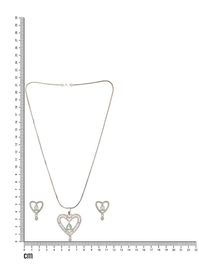Rhodium-Plated Green Ad Stone Studded Heart Shaped Pendant With Earrings And Chain : NL-JS24-40398